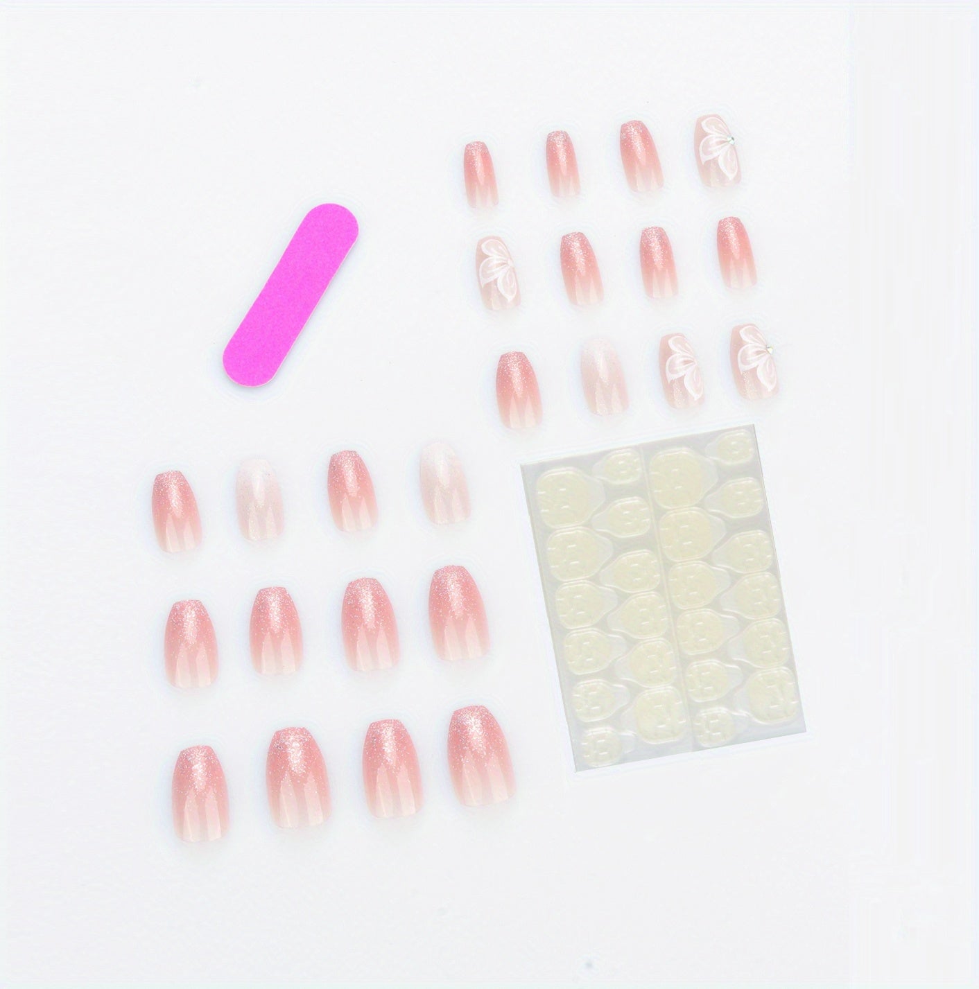 24pcs Pink White French Tip Press On Nails, Mid Squvoal Fake Nails Glossy Full Cover Butterfly And Glitter Powder Stick On Nails, Acrylic Nails For Women