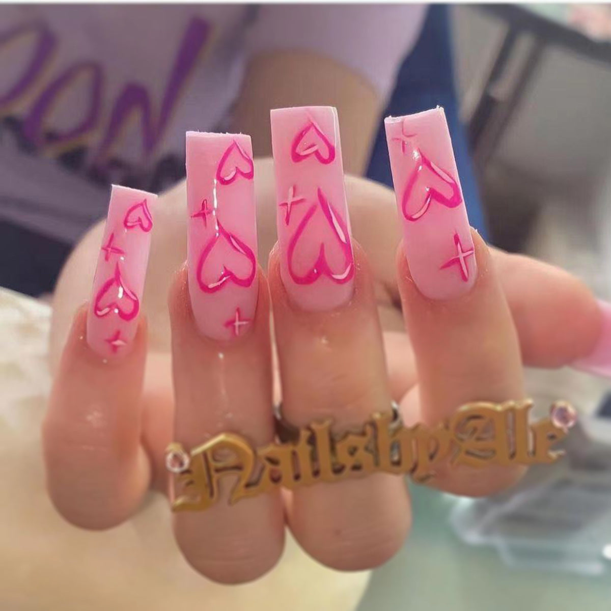 Middle Length Pink Glossy Ballet False Nails with Heart Pattern - Long-Lasting, Easy to Apply Press On Nails for Valentines Day - Perfect for Romantic Occasions and Self-Care