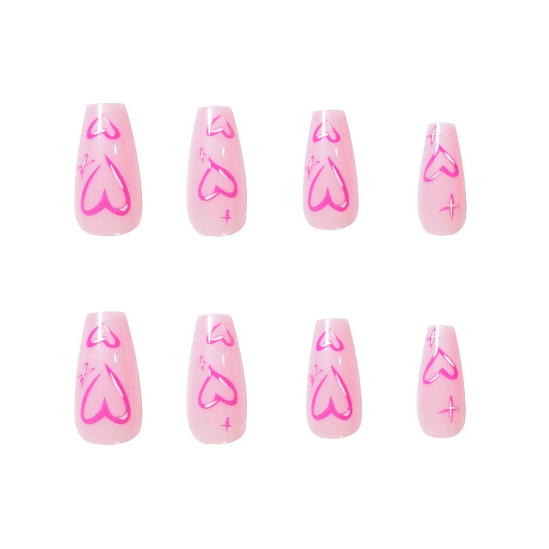 Middle Length Pink Glossy Ballet False Nails with Heart Pattern - Long-Lasting, Easy to Apply Press On Nails for Valentines Day - Perfect for Romantic Occasions and Self-Care