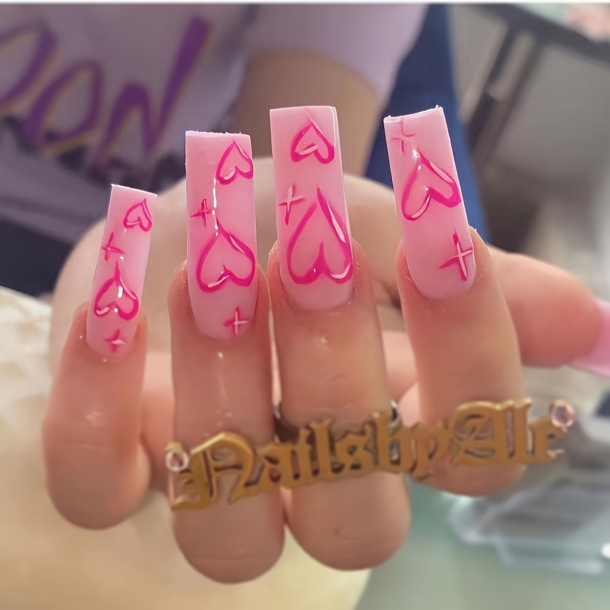 Middle Length Pink Glossy Ballet False Nails with Heart Pattern - Long-Lasting, Easy to Apply Press On Nails for Valentines Day - Perfect for Romantic Occasions and Self-Care