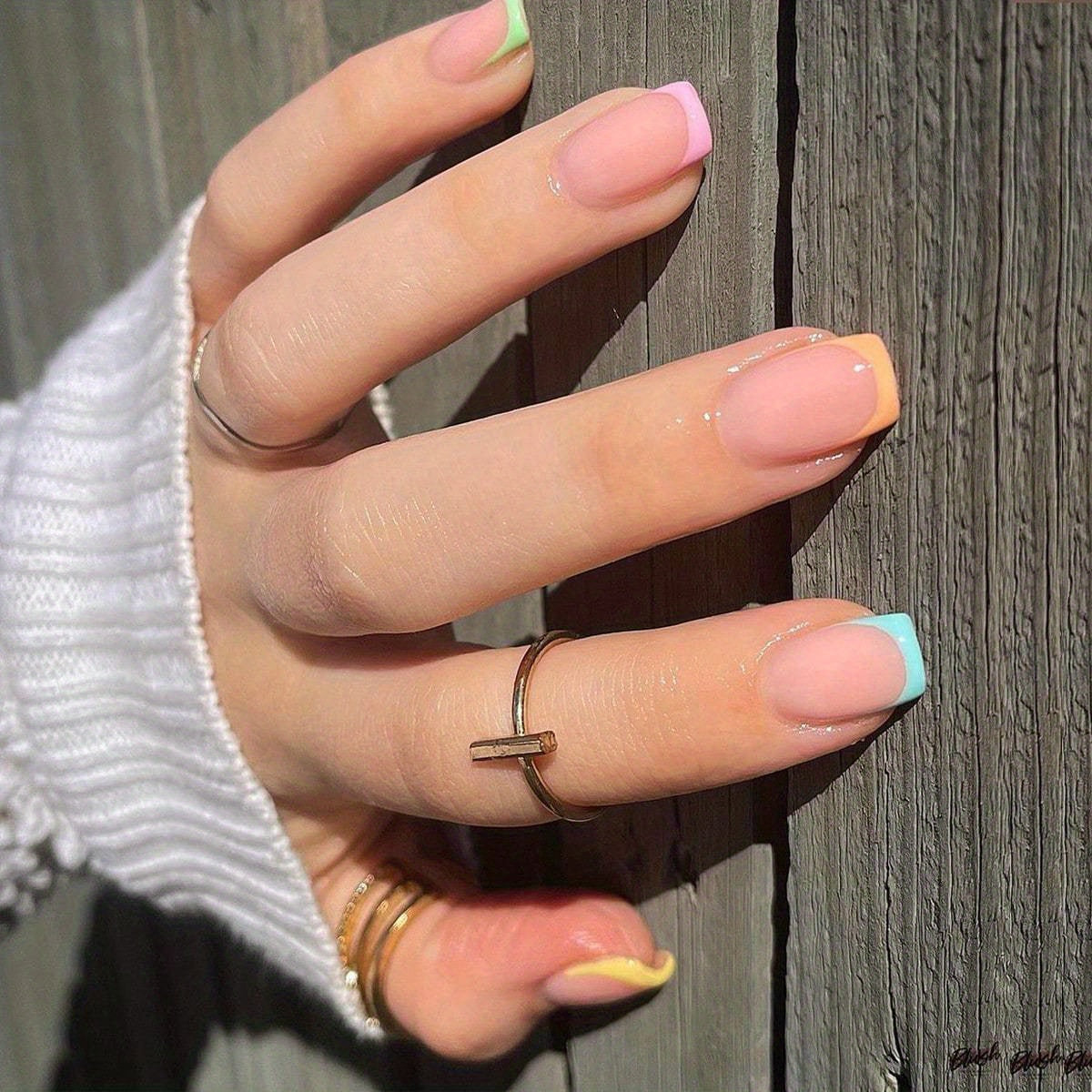 Short Square Press On Nails, Glossy Fake Nails With Colorful French Tip, Acrylic All Cover False Nails For Women And Girls 24pcs