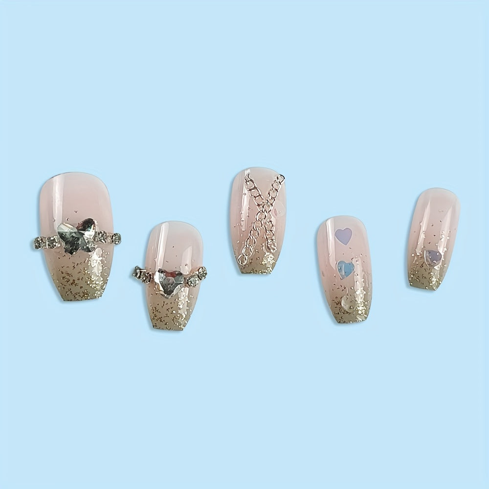 24pcs Valentines Press On Nails Short Laser Heart Fake Nails Acrylic Nails Press On Glitter Glue On Nails Square False Nails With Bling Rhinestone Design, For Women Manicure Decor