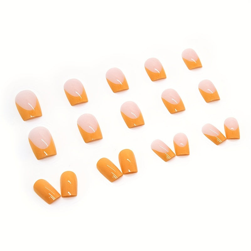 24pcs Vibrant Glossy Orange French Tip Coffin Nails - Medium Length & Reusable - Summer Beach Style Acrylic Look Set with Design Glue, Nail File & Glue - Perfect for Fashion-Forward Women