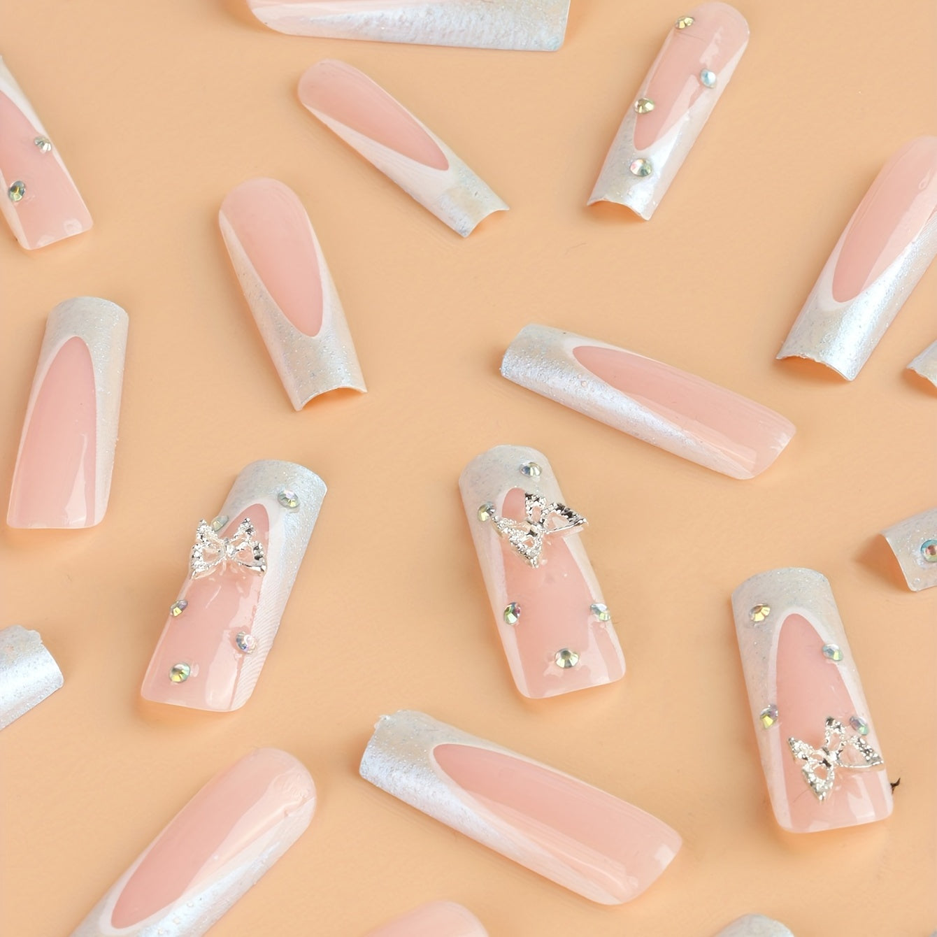 24PCS Long Coffin Shaped Pink French Tip Press On Nails with Glossy Full Cover, Butterfly Rhinestone, and Glitter Accents - Artificial Nail Tips for Women and Girls