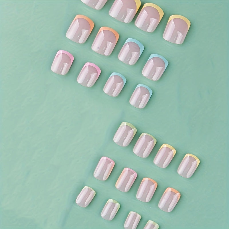 Short Square Press On Nails, Glossy Fake Nails With Colorful French Tip, Acrylic All Cover False Nails For Women And Girls 24pcs
