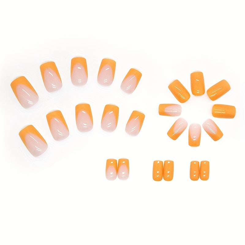 24pcs Vibrant Glossy Orange French Tip Coffin Nails - Medium Length & Reusable - Summer Beach Style Acrylic Look Set with Design Glue, Nail File & Glue - Perfect for Fashion-Forward Women
