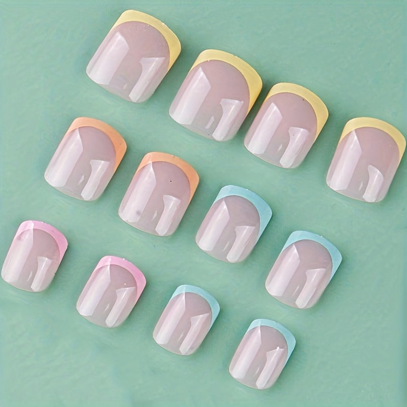 Short Square Press On Nails, Glossy Fake Nails With Colorful French Tip, Acrylic All Cover False Nails For Women And Girls 24pcs