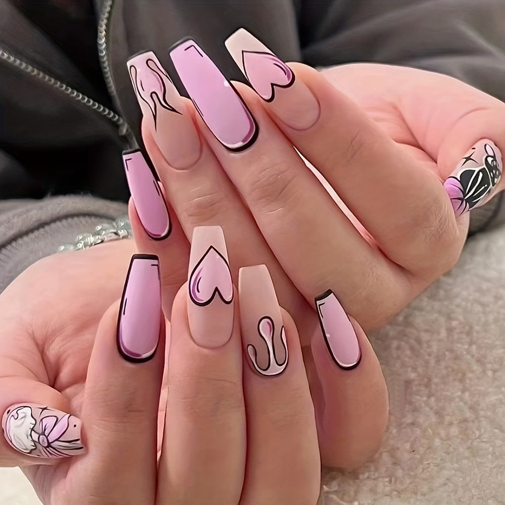 24pcs Chic Cat & Heart Design Coffin Press-On Nails - Long Ballet Shape, Glossy Finish with Pink Accents, Flame & Animal Patterns - Includes Nail File & Jelly Gel for Women and Girls