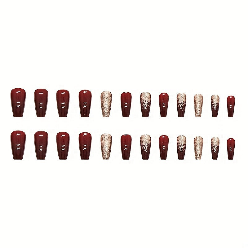 24pcs Golden Glitter Square Press On Nails - Medium Size Acrylic Wine Red Design for Bridal Wedding Use
