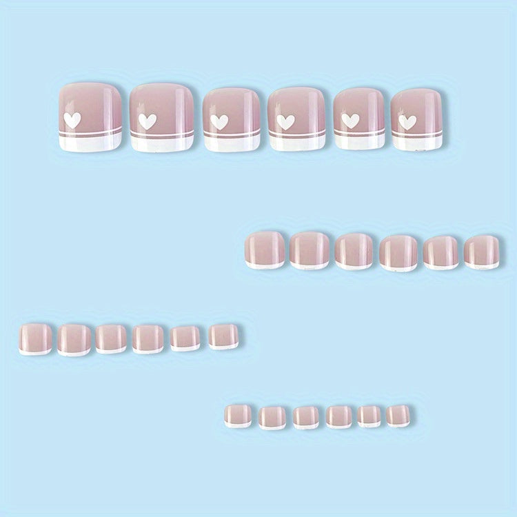 96PCS (4 Packs) White French Tip Press On Toenails Short Square Fake Nails Glossy Toe Nails With Flower Heart Designs Fake Toenails Bling Glitter Full Cover Acrylic Toenails For Women