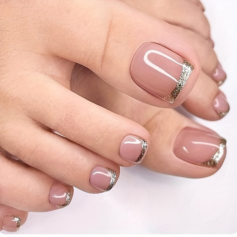 96PCS (4 Packs) White French Tip Press On Toenails Short Square Fake Nails Glossy Toe Nails With Flower Heart Designs Fake Toenails Bling Glitter Full Cover Acrylic Toenails For Women