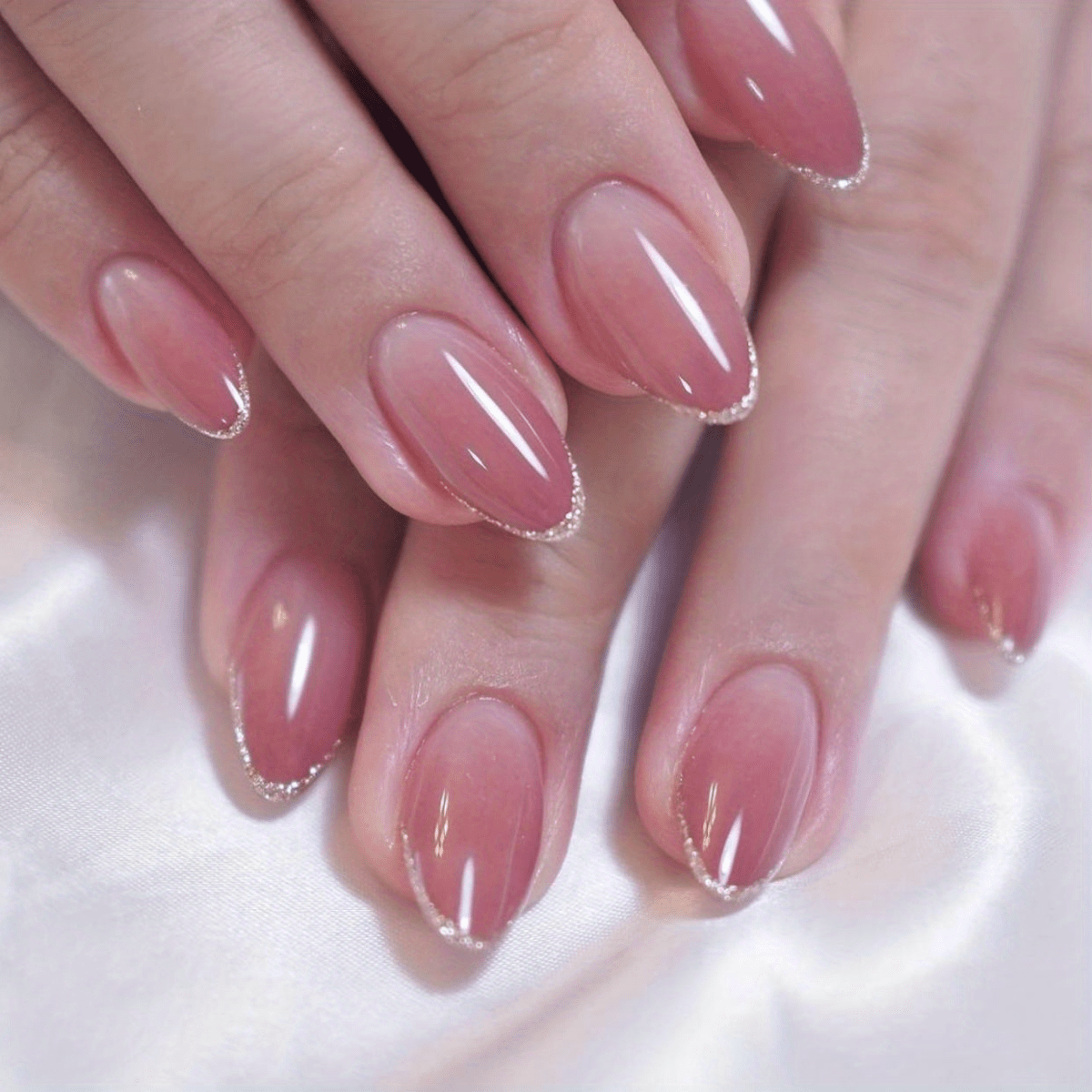 24pcs Glossy Medium Oval Fake Nails, Nude Pinkish Gradient Press On Nails With Glitter French Tip Design, Minimalist Style False Nails For Women Girls Daily Party Wear