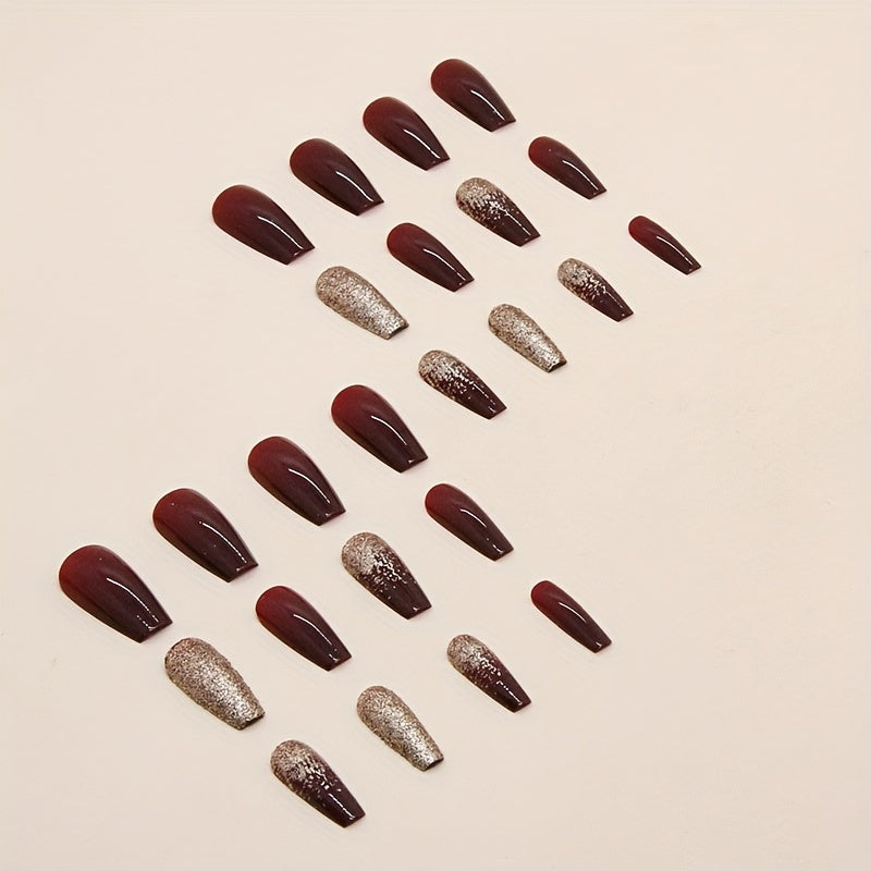 24pcs Golden Glitter Square Press On Nails - Medium Size Acrylic Wine Red Design for Bridal Wedding Use