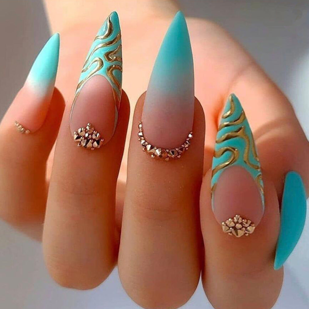 24pcs Long Almond Shaped Matte Stiletto Fake Nails with Golden Bling Line Stripe Design - Full Cover False Nails for Women with Mixed Color System - Green Rhinestones Accents and Easy to Apply Press-On Nail Design