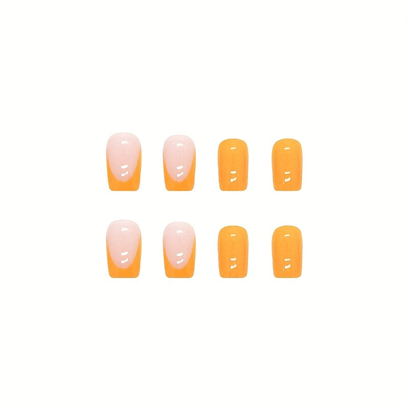 24pcs Vibrant Glossy Orange French Tip Coffin Nails - Medium Length & Reusable - Summer Beach Style Acrylic Look Set with Design Glue, Nail File & Glue - Perfect for Fashion-Forward Women