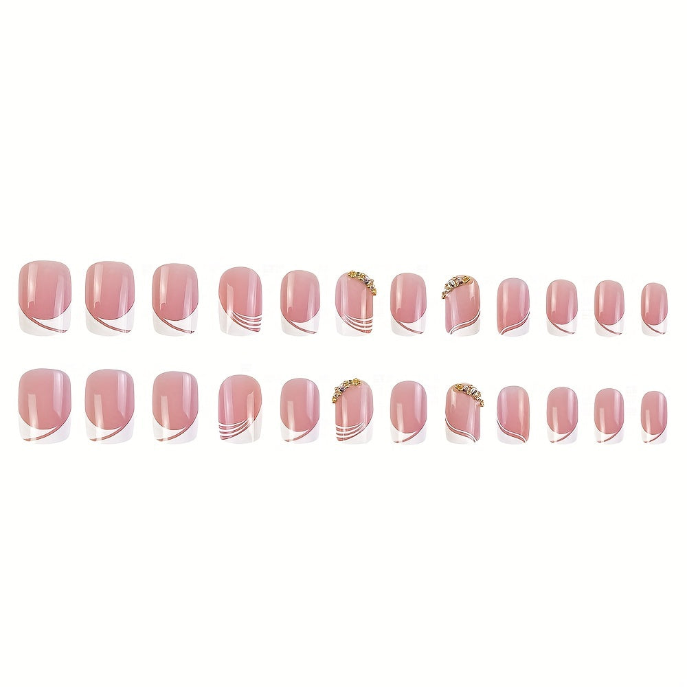 24pcs Shimmering Glossy Pink Press-On Nails with Sparkling Rhinestones and Chic French White Edge - Full Coverage, Reusable Fake Nails for Fashion-Forward Women and Girls