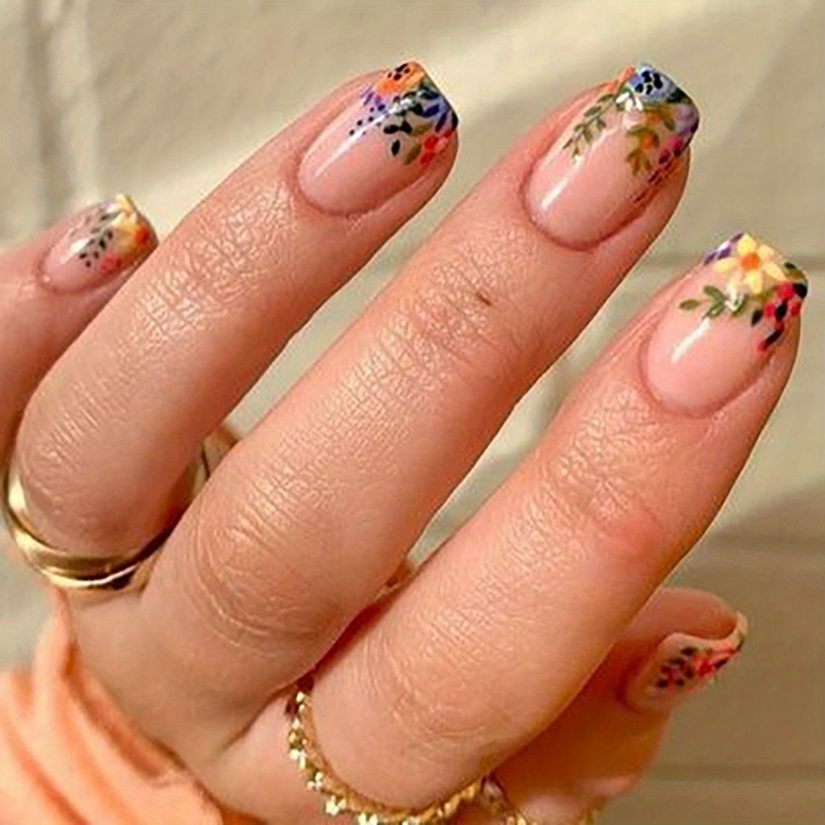 24pcs Spring Summer Floral Square Shape Press On Nails - Glossy Medium Length Full Cover ABS False Nails with Glue Sticker and Nail File - Perfect for Easter, Women and Girls