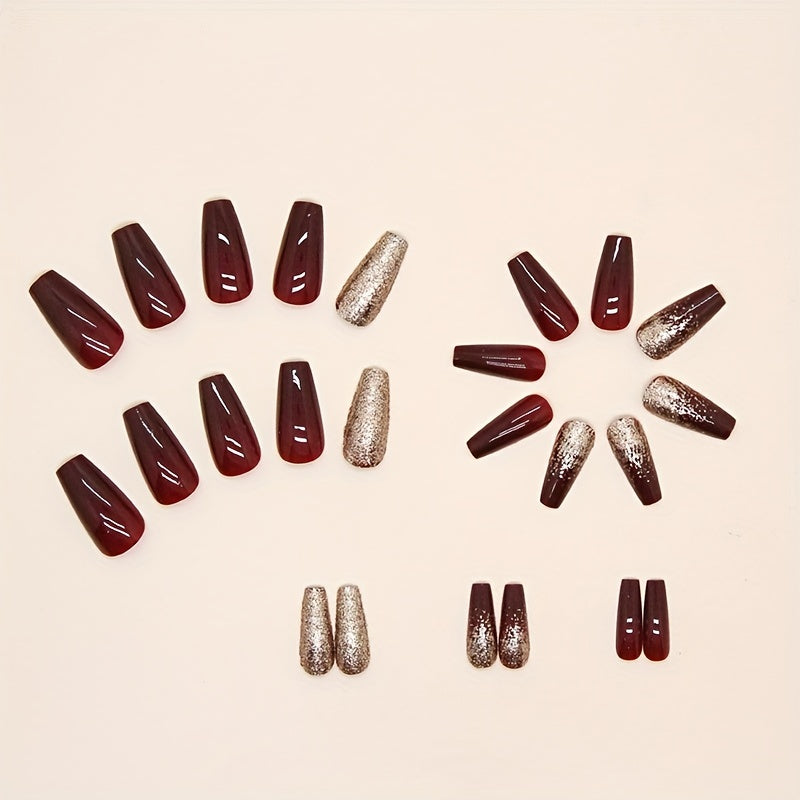 24pcs Golden Glitter Square Press On Nails - Medium Size Acrylic Wine Red Design for Bridal Wedding Use