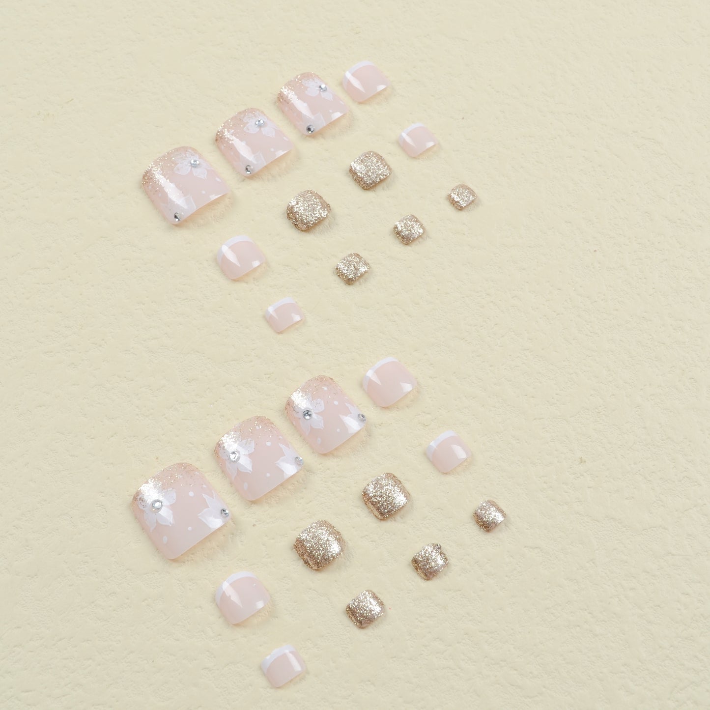 24pcs Shimmering Golden Glitter Flower False Toenails with Dazzling Rhinestones - Ultra-Glossy, Full Cover, Short Square Press-On Nails for Fashionable Women and Girls - Perfect Easter Accessory