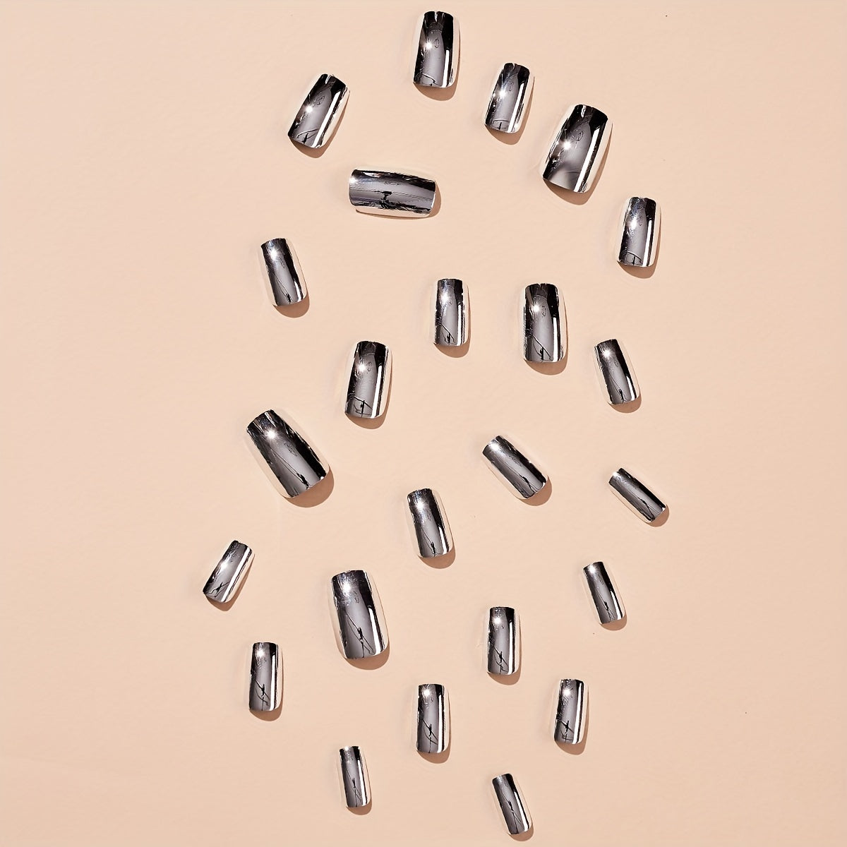 Shimmering Glam Punk Mirror Nail Art Set - 24pcs Chic Metallic Silvery Press-On False Nails with Durable Reflective Square Tips - Easy-Application, Fashion-Forward Style
