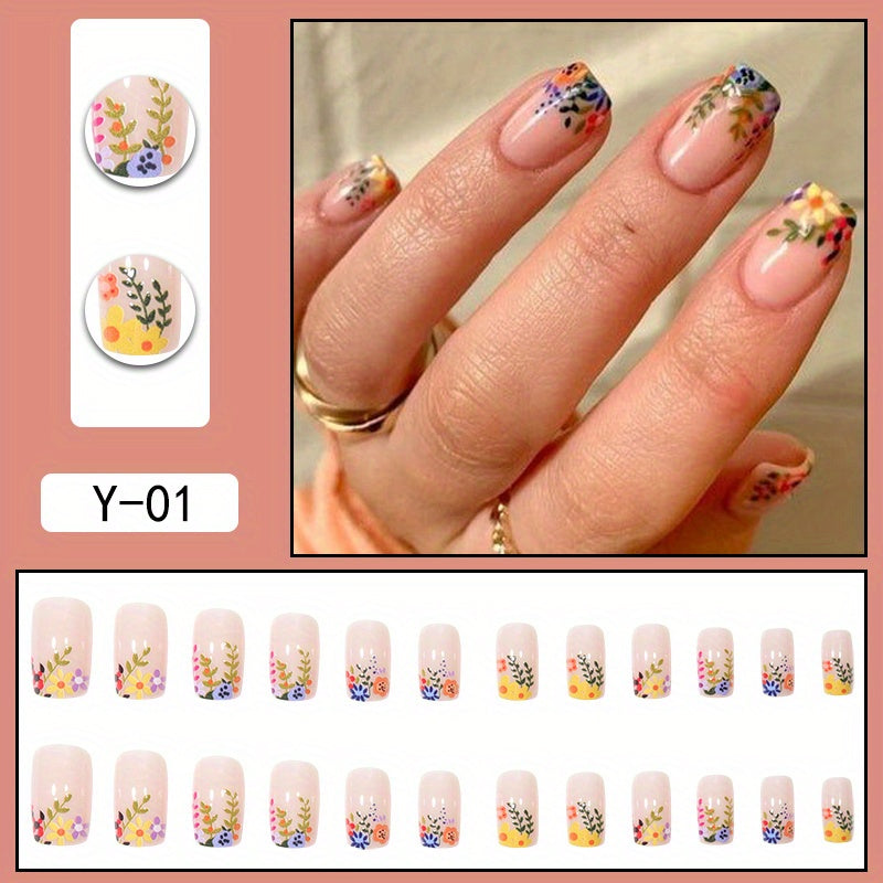 24pcs Spring Summer Floral Square Shape Press On Nails - Glossy Medium Length Full Cover ABS False Nails with Glue Sticker and Nail File - Perfect for Easter, Women and Girls