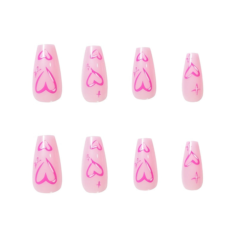 Middle Length Pink Glossy Ballet False Nails with Heart Pattern - Long-Lasting, Easy to Apply Press On Nails for Valentines Day - Perfect for Romantic Occasions and Self-Care