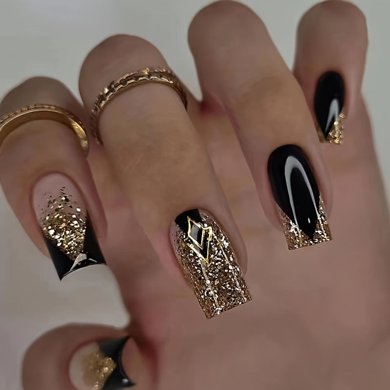 Black Golden Sweet Cool Hot Girl Press-on False Nails 1 Box 24pcs 1 Nail File 1 Double-sided Tape