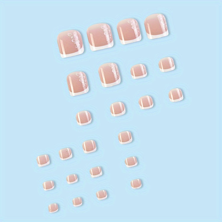 96PCS (4 Packs) White French Tip Press On Toenails Short Square Fake Nails Glossy Toe Nails With Flower Heart Designs Fake Toenails Bling Glitter Full Cover Acrylic Toenails For Women