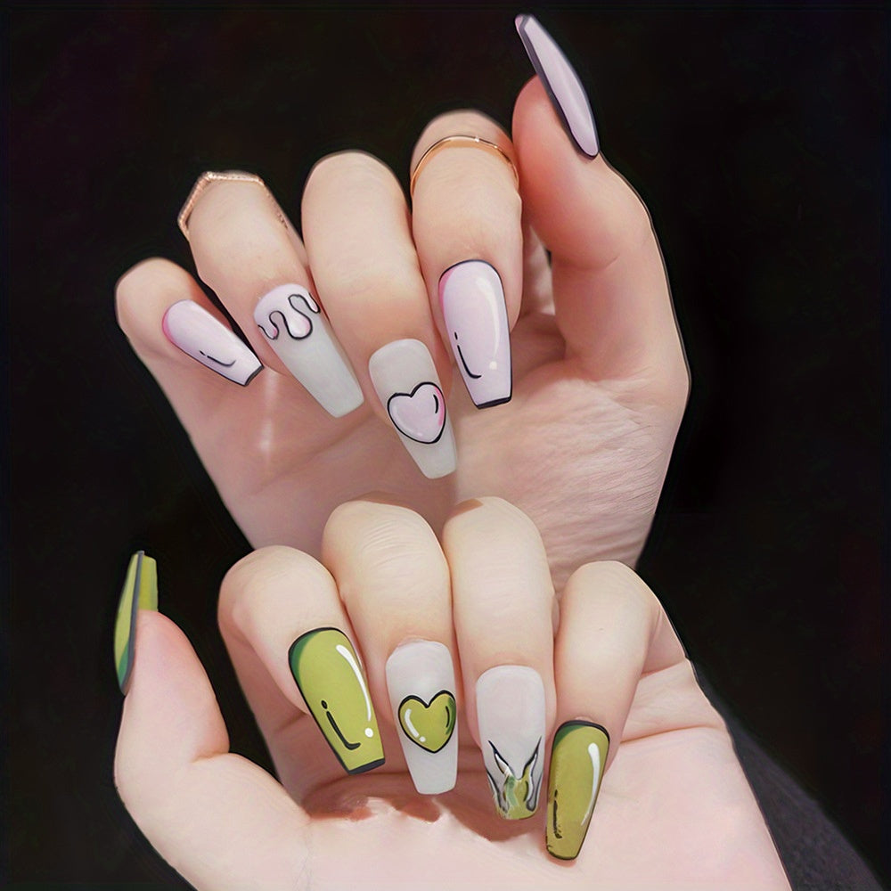 24pcs Chic Cat & Heart Design Coffin Press-On Nails - Long Ballet Shape, Glossy Finish with Pink Accents, Flame & Animal Patterns - Includes Nail File & Jelly Gel for Women and Girls