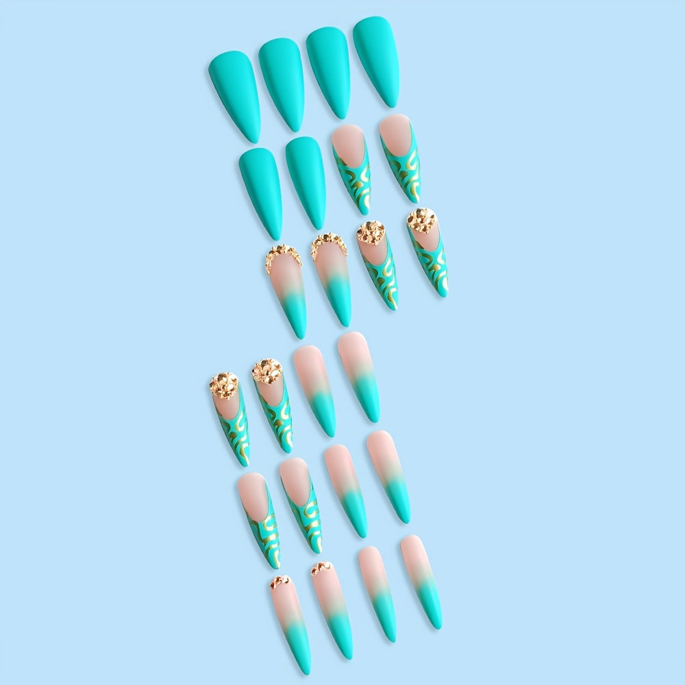 24pcs Long Almond Shaped Matte Stiletto Fake Nails with Golden Bling Line Stripe Design - Full Cover False Nails for Women with Mixed Color System - Green Rhinestones Accents and Easy to Apply Press-On Nail Design