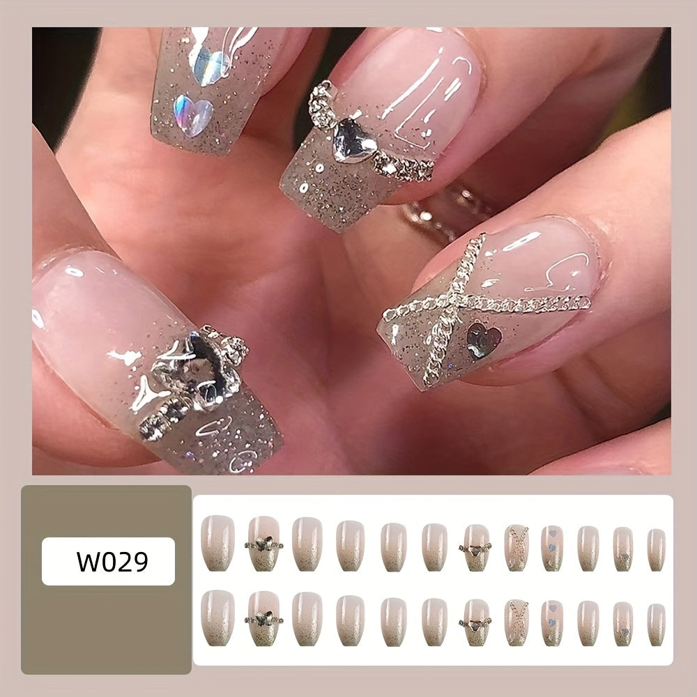 24pcs Valentines Press On Nails Short Laser Heart Fake Nails Acrylic Nails Press On Glitter Glue On Nails Square False Nails With Bling Rhinestone Design, For Women Manicure Decor