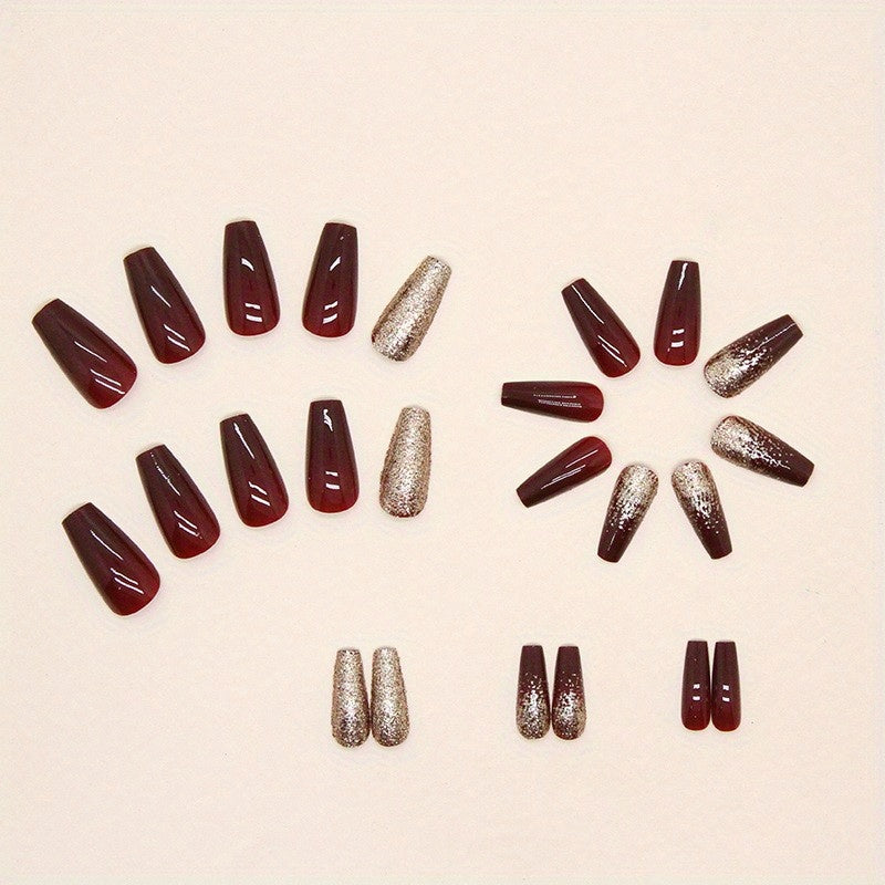 24pcs Golden Glitter Square Press On Nails - Medium Size Acrylic Wine Red Design for Bridal Wedding Use