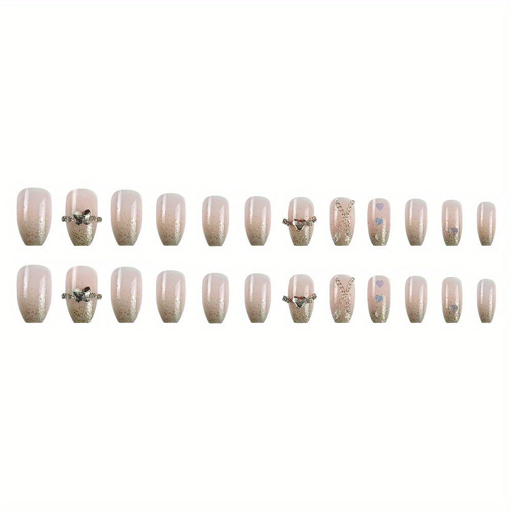 24pcs Valentines Press On Nails Short Laser Heart Fake Nails Acrylic Nails Press On Glitter Glue On Nails Square False Nails With Bling Rhinestone Design, For Women Manicure Decor