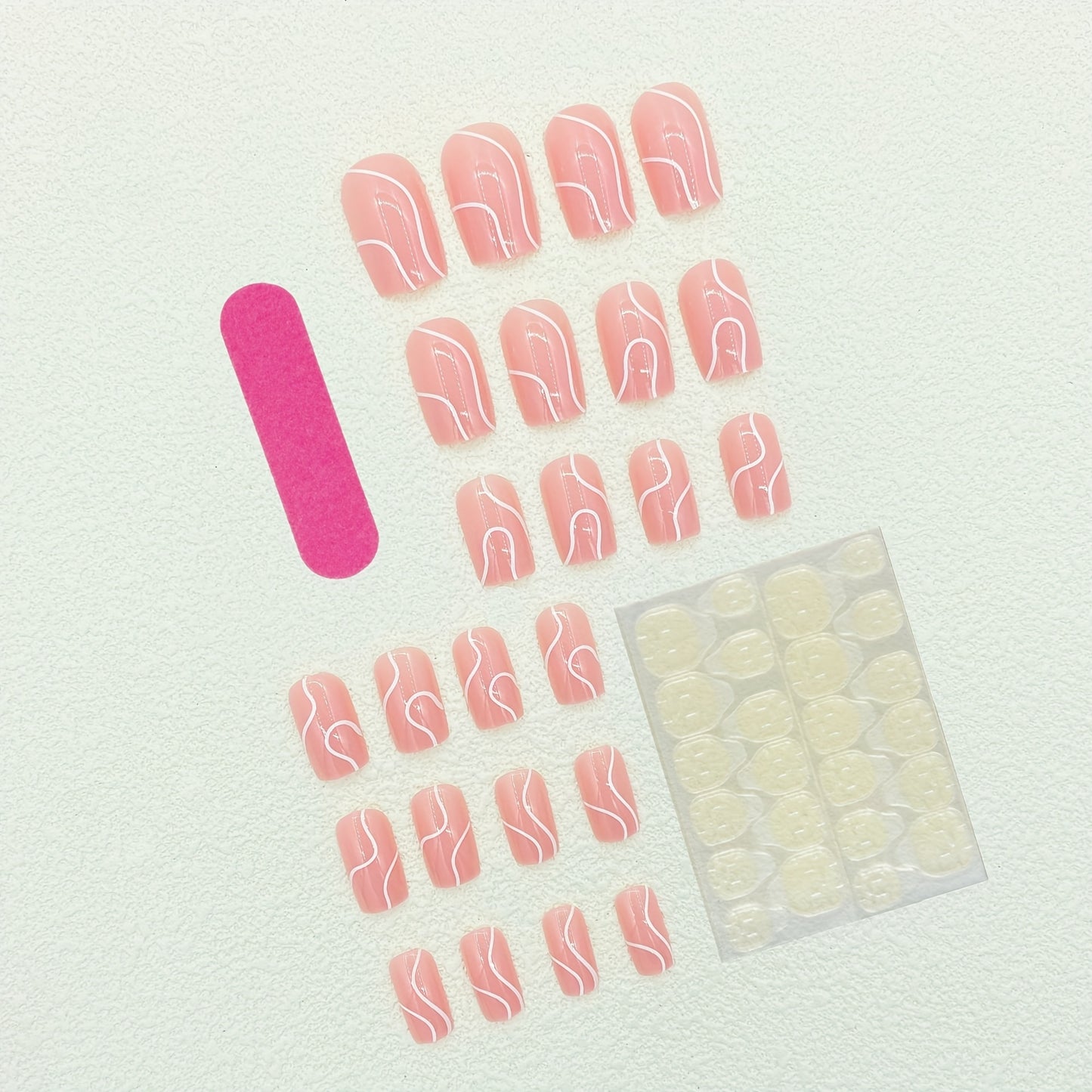 24pcs Medium Square Pink Press On Nails - Glossy Full Cover False Nails for Women and Girls with French White Stripe Design - Easy to Apply, Reusable, and Long-Lasting Nail Art