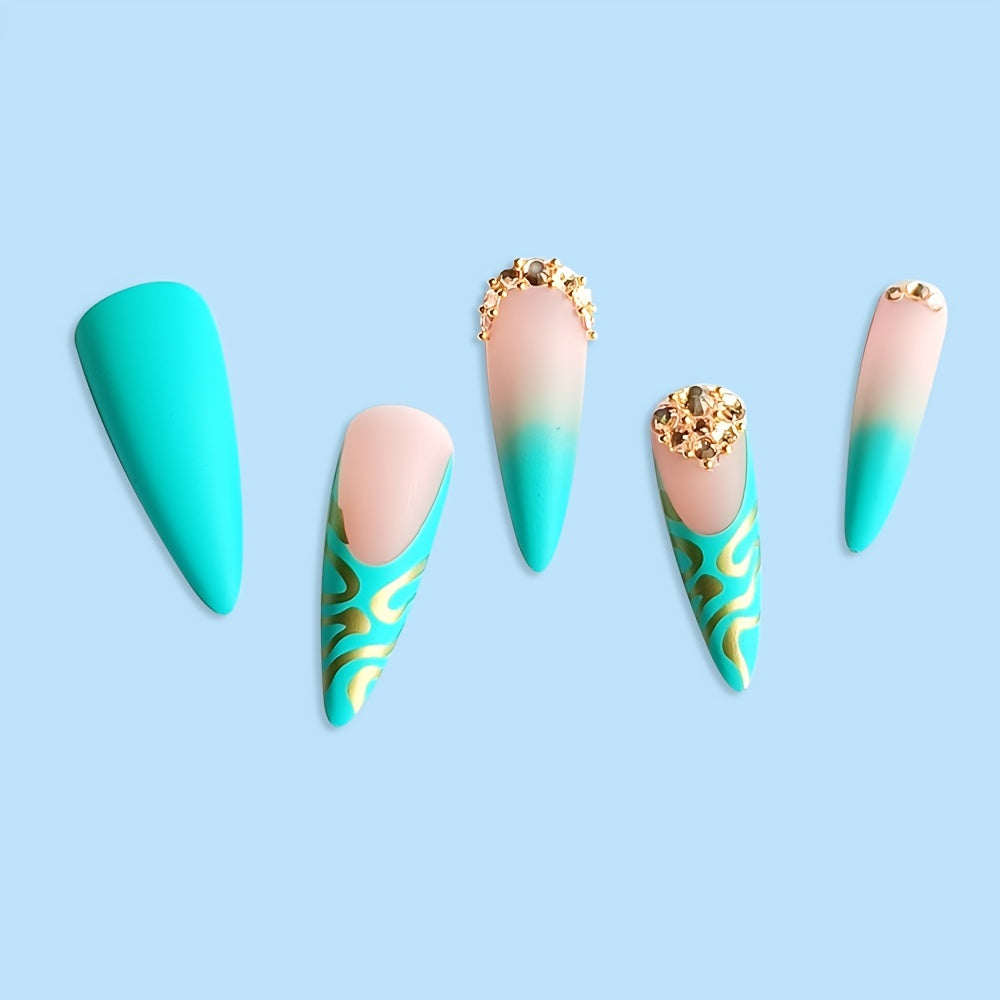 24pcs Long Almond Shaped Matte Stiletto Fake Nails with Golden Bling Line Stripe Design - Full Cover False Nails for Women with Mixed Color System - Green Rhinestones Accents and Easy to Apply Press-On Nail Design