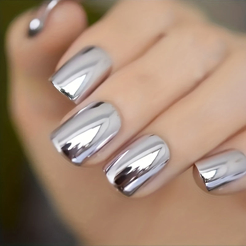 Shimmering Glam Punk Mirror Nail Art Set - 24pcs Chic Metallic Silvery Press-On False Nails with Durable Reflective Square Tips - Easy-Application, Fashion-Forward Style