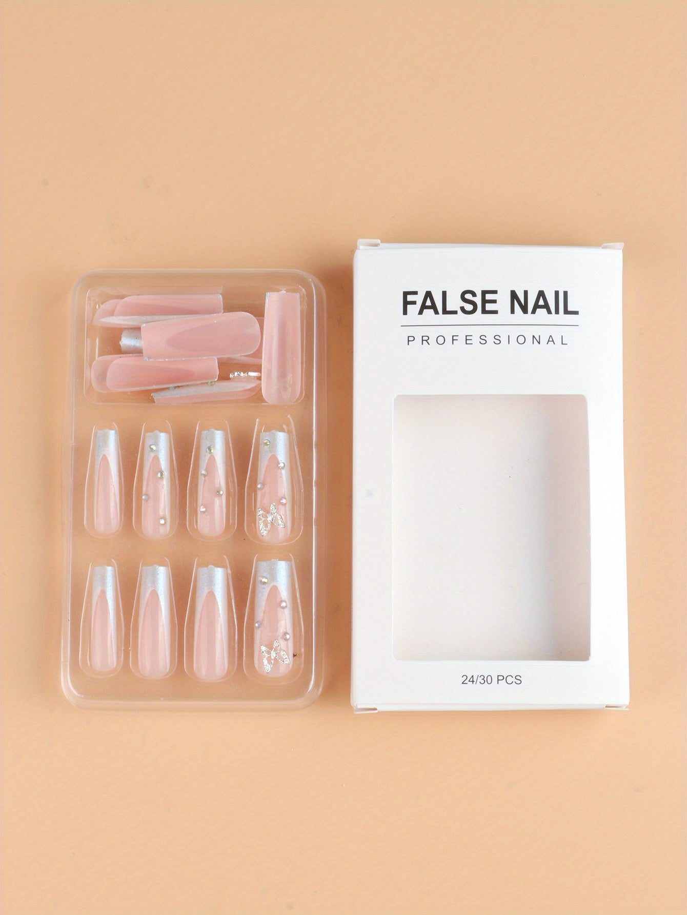 24PCS Long Coffin Shaped Pink French Tip Press On Nails with Glossy Full Cover, Butterfly Rhinestone, and Glitter Accents - Artificial Nail Tips for Women and Girls