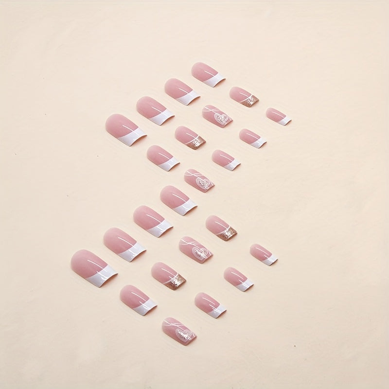 24pcs Short Square French Heart Press-On Nails - Glossy Pink & White Two-Tone Design with Golden Glitter Accents, Elegant and Simple Manicure for Casual Attire, Heart Nail Decoration