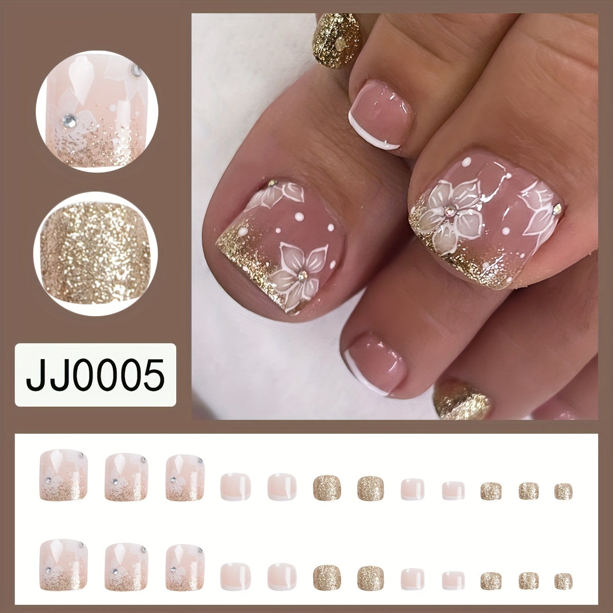 24pcs Shimmering Golden Glitter Flower False Toenails with Dazzling Rhinestones - Ultra-Glossy, Full Cover, Short Square Press-On Nails for Fashionable Women and Girls - Perfect Easter Accessory