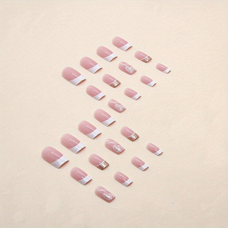 24pcs Short Square French Heart Press-On Nails - Glossy Pink & White Two-Tone Design with Golden Glitter Accents, Elegant and Simple Manicure for Casual Attire, Heart Nail Decoration