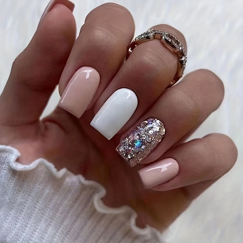 24pcs Glossy Medium Square Fake Nails White And Pink False Nails Glitter Sequins Stick On Nails Press On Nails Luxury Acrylic Nails For Women Girls