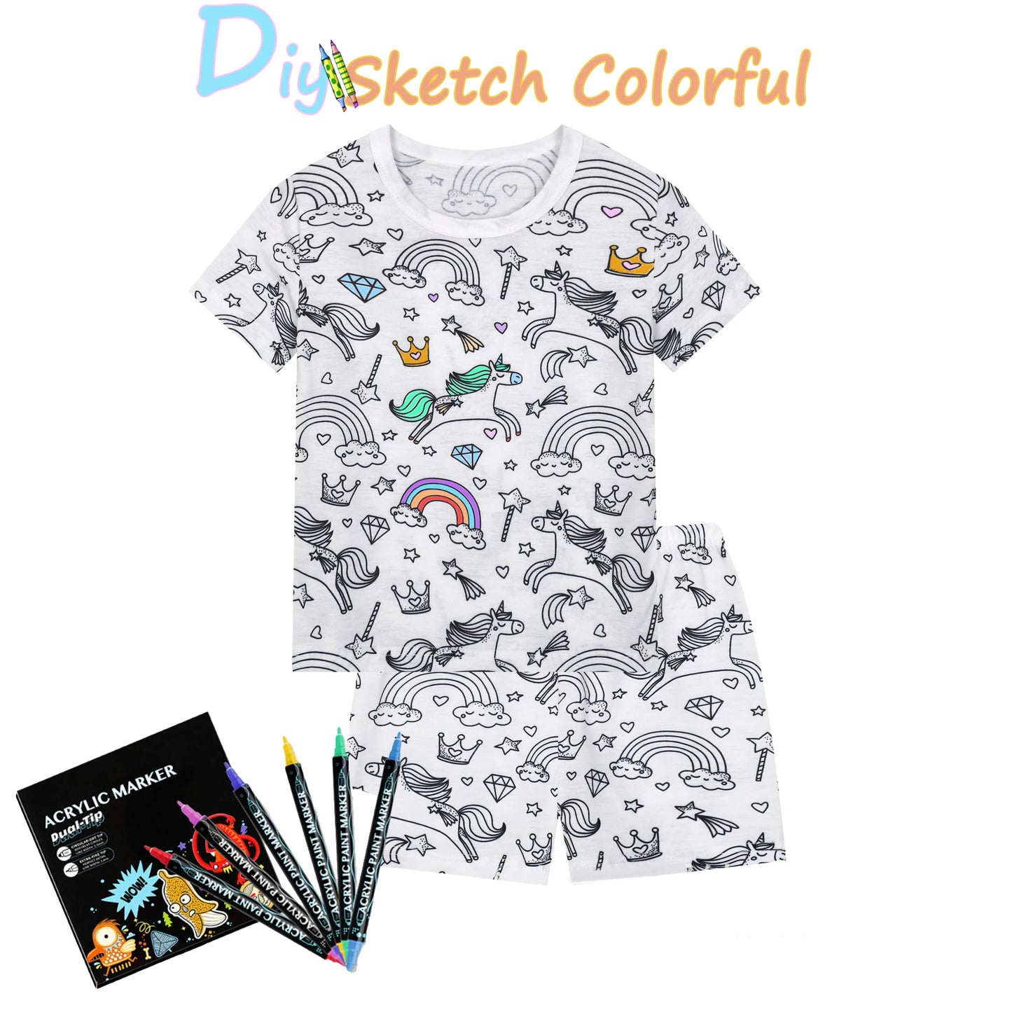 DIY Sketch Colorful Pajama Set For Kid Summer Freehand Graffiti Handicraft Homewear Baby Boy Girl Short Sleeved Shorts Sleepwear