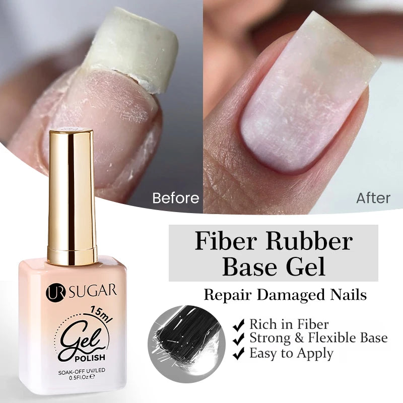 UR SUGAR 15ml Fiber Rubber Base Gel Upgrade Broken Nail Repaired Fiberglass Clear Quick Building UV Construction Gel Soak Off