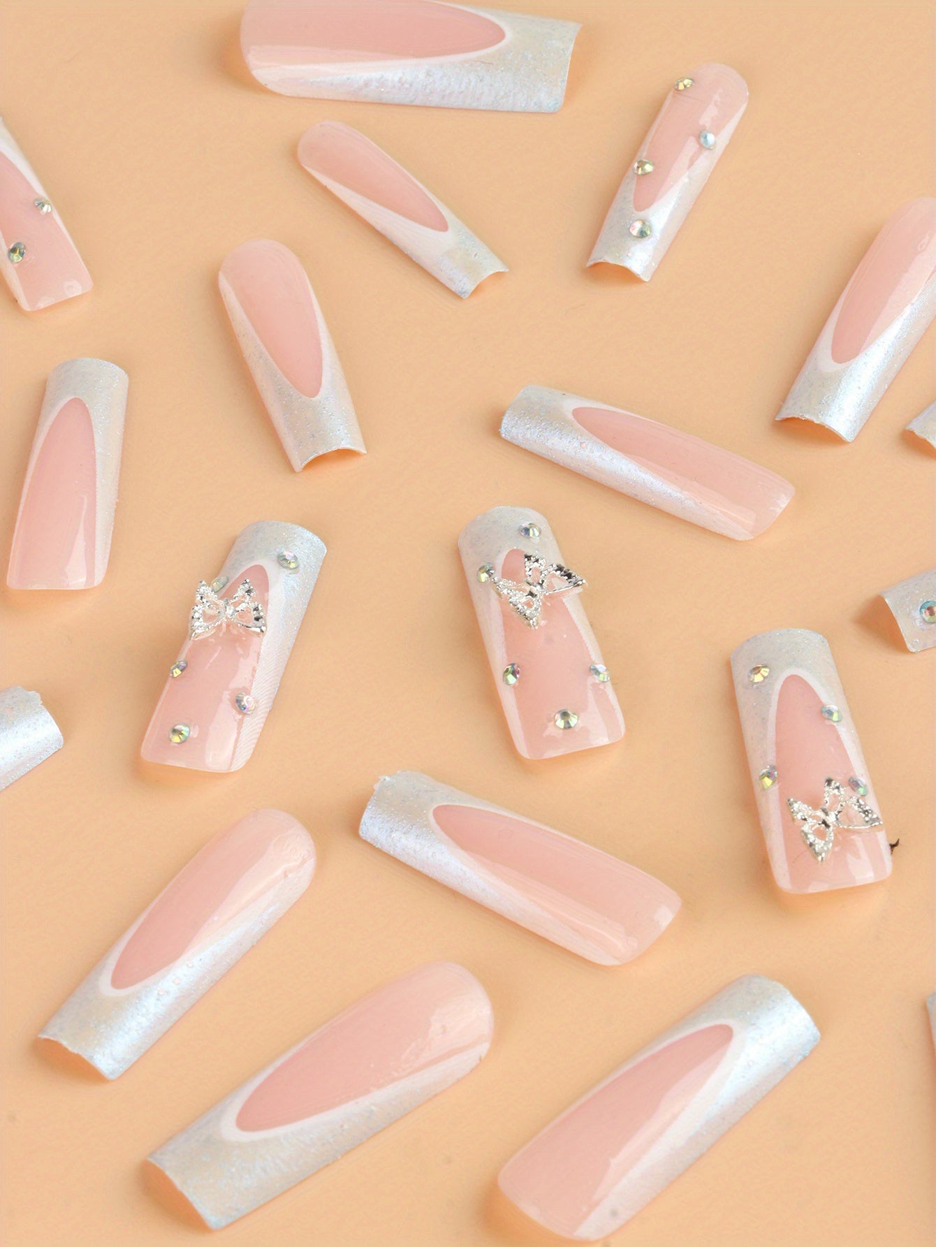 24PCS Long Coffin Shaped Pink French Tip Press On Nails with Glossy Full Cover, Butterfly Rhinestone, and Glitter Accents - Artificial Nail Tips for Women and Girls
