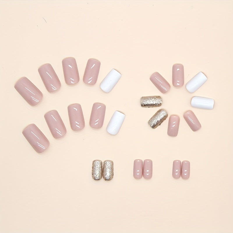 24pcs Glossy Medium Square Fake Nails White And Pink False Nails Glitter Sequins Stick On Nails Press On Nails Luxury Acrylic Nails For Women Girls