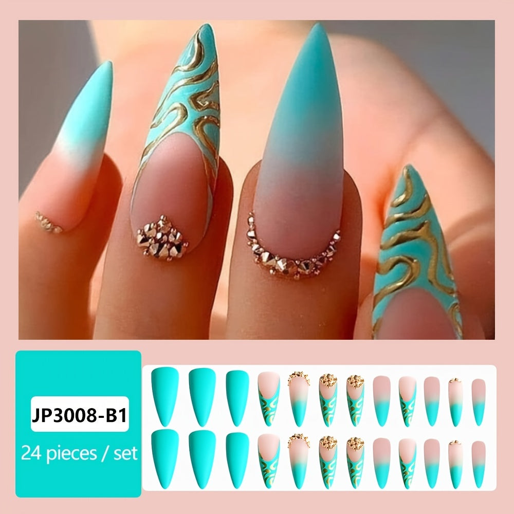 24pcs Long Almond Shaped Matte Stiletto Fake Nails with Golden Bling Line Stripe Design - Full Cover False Nails for Women with Mixed Color System - Green Rhinestones Accents and Easy to Apply Press-On Nail Design
