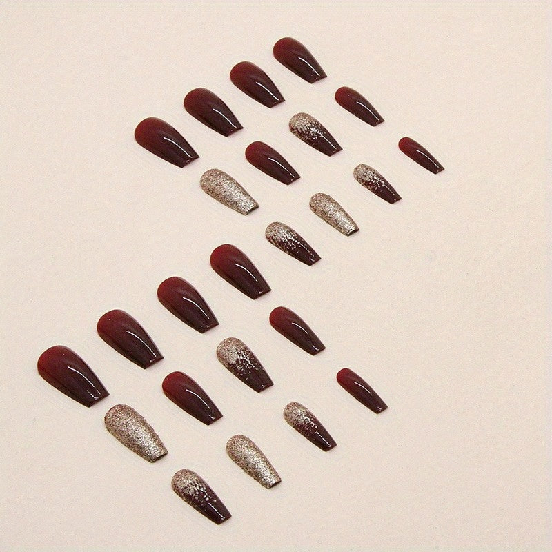 24pcs Golden Glitter Square Press On Nails - Medium Size Acrylic Wine Red Design for Bridal Wedding Use