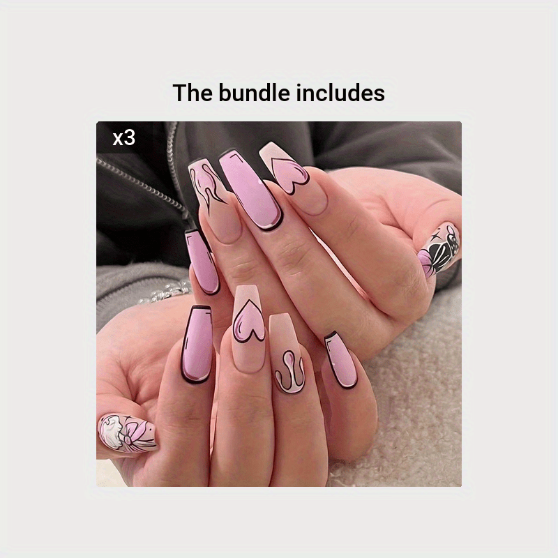 24pcs Chic Cat & Heart Design Coffin Press-On Nails - Long Ballet Shape, Glossy Finish with Pink Accents, Flame & Animal Patterns - Includes Nail File & Jelly Gel for Women and Girls