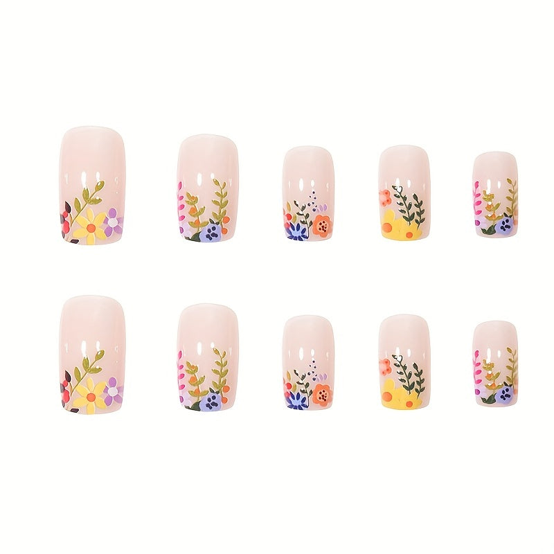 24pcs Spring Summer Floral Square Shape Press On Nails - Glossy Medium Length Full Cover ABS False Nails with Glue Sticker and Nail File - Perfect for Easter, Women and Girls