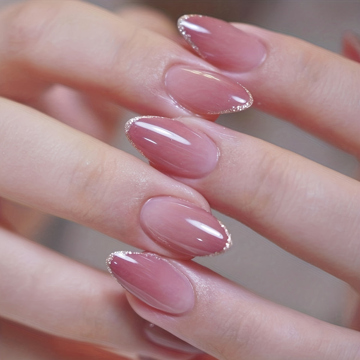 24pcs Glossy Medium Oval Fake Nails, Nude Pinkish Gradient Press On Nails With Glitter French Tip Design, Minimalist Style False Nails For Women Girls Daily Party Wear